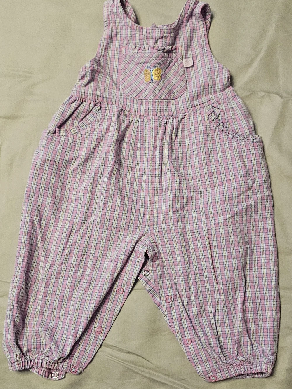 McKids 90's Pink Plaid Baby Overalls with Butterfly Detail